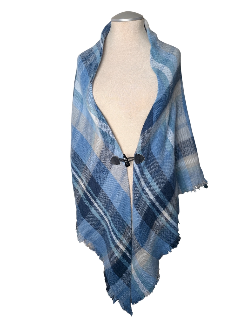 Blue Plaid Shawl Wrap with Toggle Closure